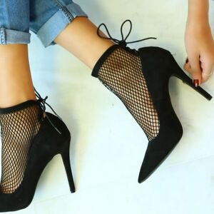 Zara Suede Black Fishnet Sock Heels Shoes Sz 38(7.5)